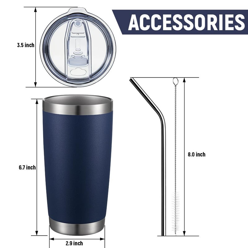 COMOOO 20oz/8Pack Double Wall Vacuum Insulated Coffee Travel Mug Stainless Steel Tumbler Bulk with Lid and Straw Durable Powder Coated Insulated Coffee Cup for Cold & Hot Drinks, Navy, 8 Pack - Image 3
